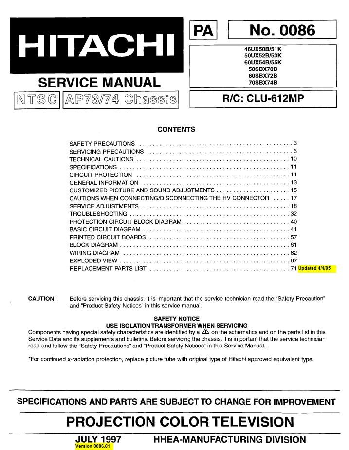 Hitachi 46ux50b 50ux52b 50ux53k 60ux54b 60ux55k 50sbx70b 60sbx72b