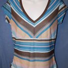 Delias MEDIUM Blue Tan Striped Pullover T V Neck Short Sleeves Shirt TOP Tee Delias MEDIUM Blue Tan Striped Pullover T V Neck Short Sleeves Shirt TOP Tee