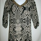 Sage Brand Misses LARGE Black Beige Gold  Beaded Floral Dress V Neck 3/4 Sleeves
