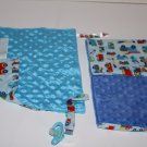 Lot of 2 Baby Boys Security Blanket Burp Cloth Trucks Blue Minky Dots Handmade
