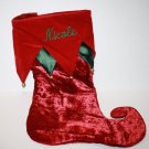 NICOLE 17" Monogram Christmas Stocking Red Green Velvet Gold Balls Curled Toe NICOLE 17" Monogram Christmas Stocking Red Green Velvet Gold Balls Curled Toe