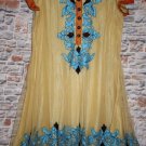 Vintage Festive Party Dress MEDIUM Yellow Gold Tulle Blue Overlay Beaded Pleated Vintage Festive Party Dress MEDIUM Yellow Gold Tulle Blue Overlay Beaded Pleated