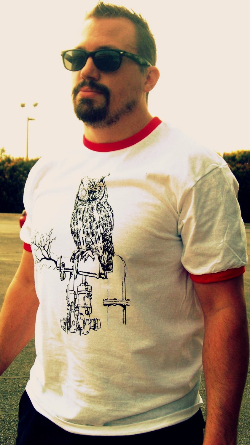 XL Mens STEAM PUNK Owl Red Ringer White Tee Shirt T-Shirt