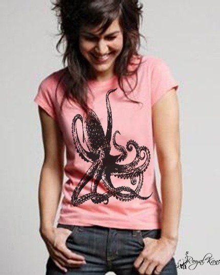 Large Fun Black Octopus NEW pink teen Tee shirt Teeshirt vintage