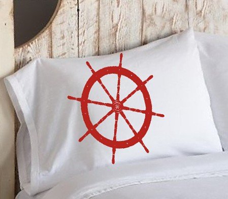 Red Ship Wheel White Nautical Pillowcase