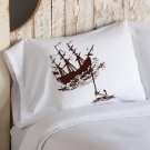 Brown Clipper Ship with Anchor White Nautical Pillowcase
