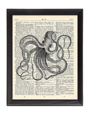 Octopus Crazy Printed On 1900's Dictionary Page 8x10