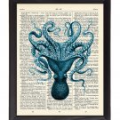 Blue Octopus Printed On 1900's Dictionary Page 8x10