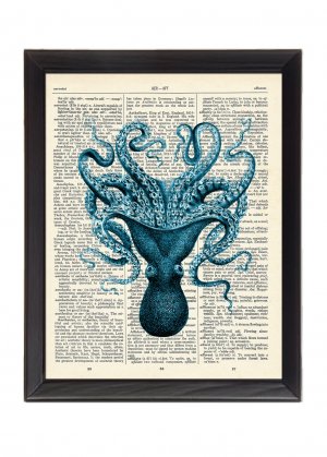 Blue Octopus Printed On 1900's Dictionary Page 8x10