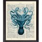 Blue Octopus Printed On 1900's Dictionary Page 8x10