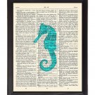 Blue Seahorse Printed On 1900's Dictionary Page 8x10