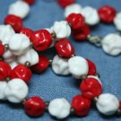 VINTAGE COSTUME JEWELRY RED WHITE GLASS BEAD NECKLACE