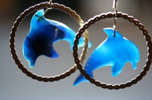 STERLING SILVER BLUE STONE DOLPHIN HOOP EARRINGS