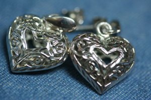 STERLING SILVER ETCHED PUFFED DANGLE HEART EARRINGS