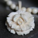 VINTAGE CARVED FAUX IVORY ROSE PENDANT BEAD NECKLACE
