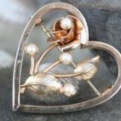 VINTAGE GOLD FILLED CULTURED PEARL ROSE HEART PIN