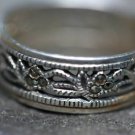 STERLING  MARCASITE FLOWER LEAF OPEN WORK BAND RING