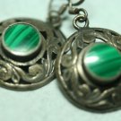 OLD STERLING SILVER MALACHITE ORNATE DANGLE EARRINGS