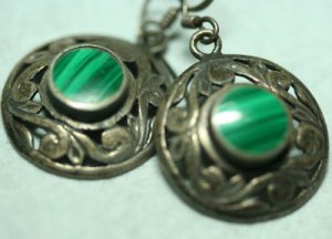 OLD STERLING SILVER MALACHITE ORNATE DANGLE EARRINGS