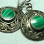 OLD STERLING SILVER MALACHITE ORNATE DANGLE EARRINGS
