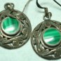 OLD STERLING SILVER MALACHITE ORNATE DANGLE EARRINGS
