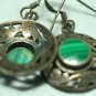 OLD STERLING SILVER MALACHITE ORNATE DANGLE EARRINGS