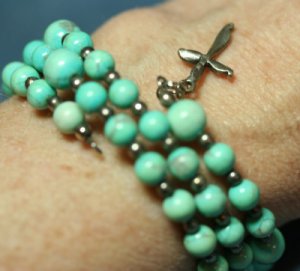 STERLING SILVER TURQUOISE BEADED WRAP BRACELET CROSS