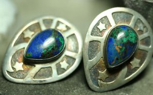 OLD STERLING SILVER TURQUOISE LAPIS  MOON STAR EARRINGS