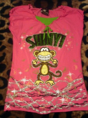 Pink Bling Shiny Braces Monkey teen shirt Large