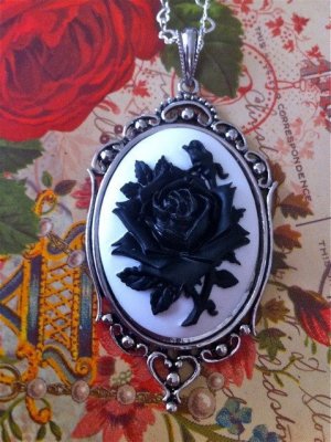 Gothic Victorian Black Rose White Silhouette Cameo Necklace