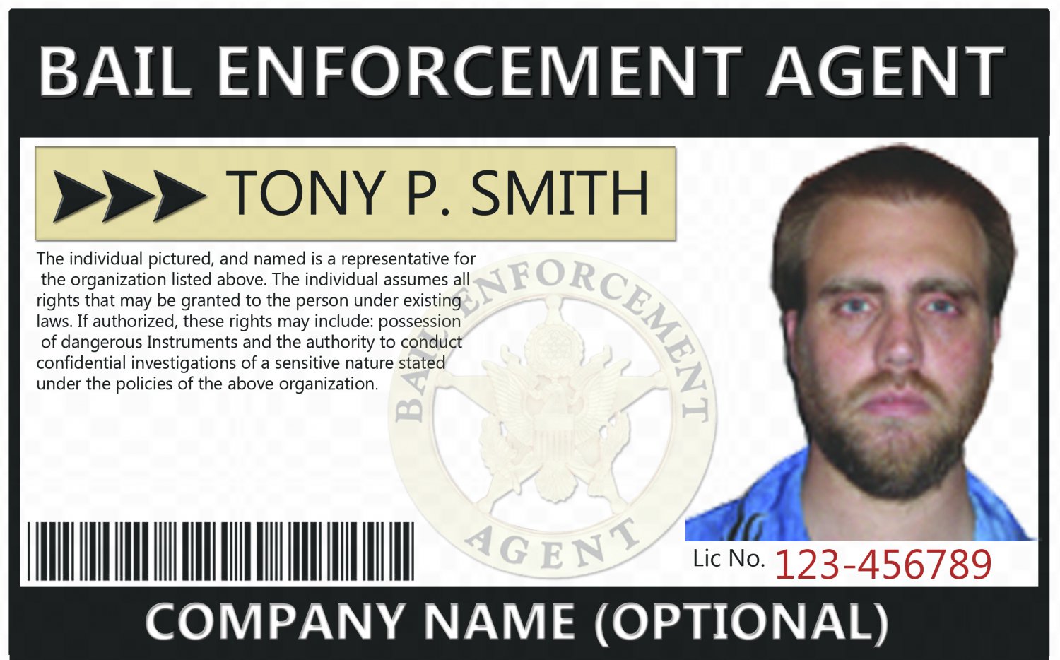 custom Bail Enforcement Agent ID card (Template BEA-14686))
