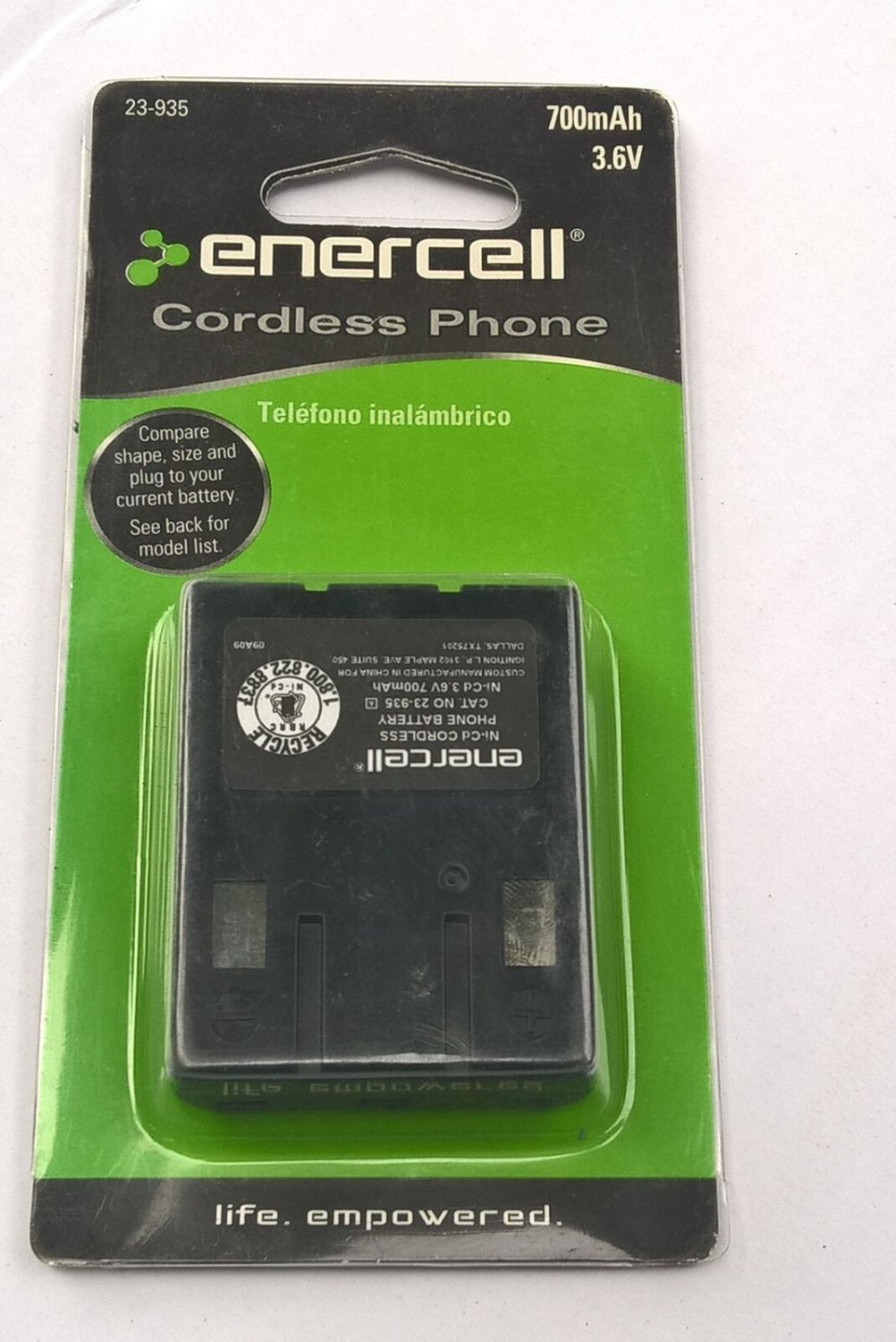 Radioshack/Enercell 3.6V/700mAh Cordless Phone Battery (23-935) 230-0935