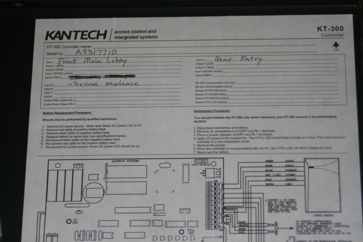 Tyco Kantech KT-300 Door Card Access Controller CPU KT300 w/ELK-912B ...