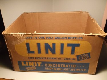Linit Liquid Starch Advertising Cardboard Box 6 One Half Gallon Bottles Vintage