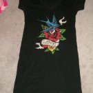 WOMANS ED HARDY BLACK T-SHIRT DRESS W/ RHINESTONES SZ S