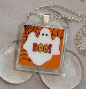 Boo Halloween Glass Tile Pendant Necklace