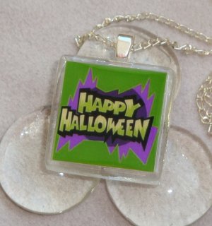 Happy Halloween Glass Tile Pendant Necklace
