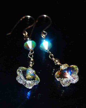 14ct GF SWAROVSKI CRYSTALS FLOWER DANGLE EARRINGS