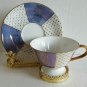 MADE IN JAPAN Tea cup and saucer blue background Gold Leaves EUC Ship Fast