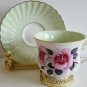 Vintage Old Foley Staffordshire Green Tea Cup and Saucer Pink Roses Excellent