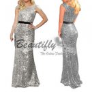 Long Sequins Silver Cocktail Prom Gown Formal Party Evening Wedding Women Dress