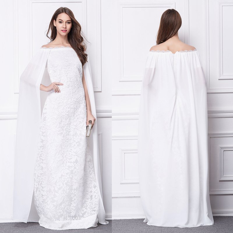 New White Lace&chiffon off shoulder cape Dresses Long Formal Evening Prom ball gowns