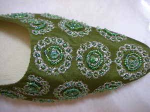Classique Green Embroidered/Beaded Open Backed court shoes US 8