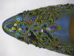 Classique Blue Embroidered/Beaded Open backed court shoes US 8
