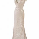 Nude Sequin Capped Long Evening Dress Prom Pageant Dress ball gown UK Stock