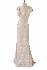 Nude Sequin Capped Long Evening Dress Prom Pageant Dress ball gown UK Stock