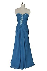 TEAL BLUE RUCHED BEADED LONG EVENING DRESS PROM BALL ROBE TOGA  GOWN
