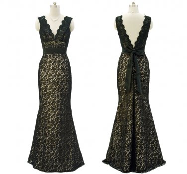 BLACK lace V neckline long evening dress prom ball gown Formal Occasion