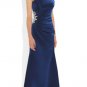 Qpid Showgirl Blue Satin one shoulder pleated beaded long evening prom dress