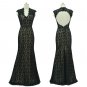 Qpid Showgirl Black lace V neckline short sleeves scallop back evening dressÂ